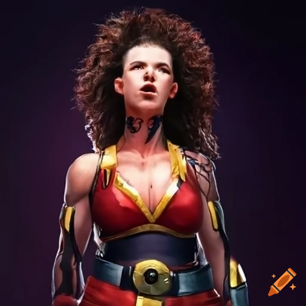 90s arena female fighter with bruised and stunned expressions