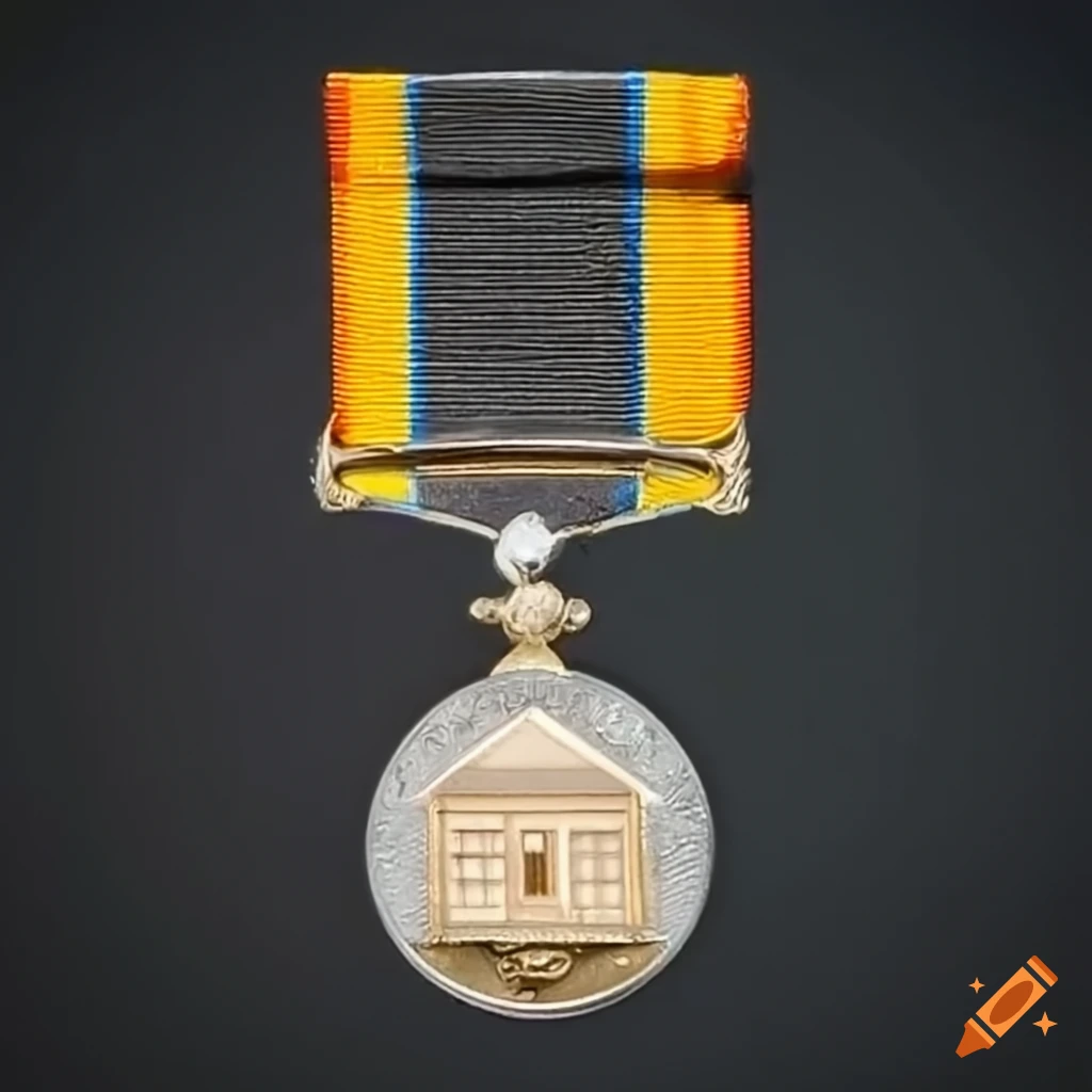 Military medal design with a house and sun symbol