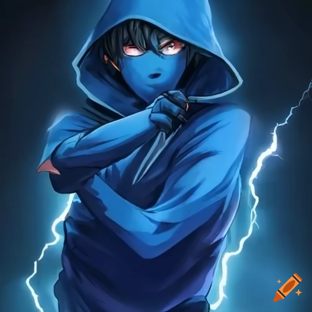 Blue hooded male ninja launching a lightning attack in anime style