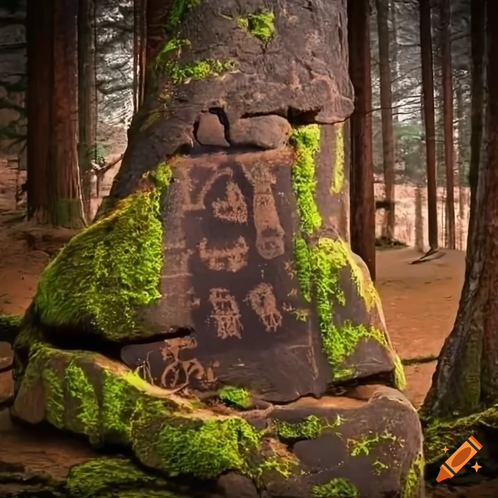 Ancient moss-covered petroglyphs in a spruce forest depicting Camunnian warriors and inscriptions in ancient language