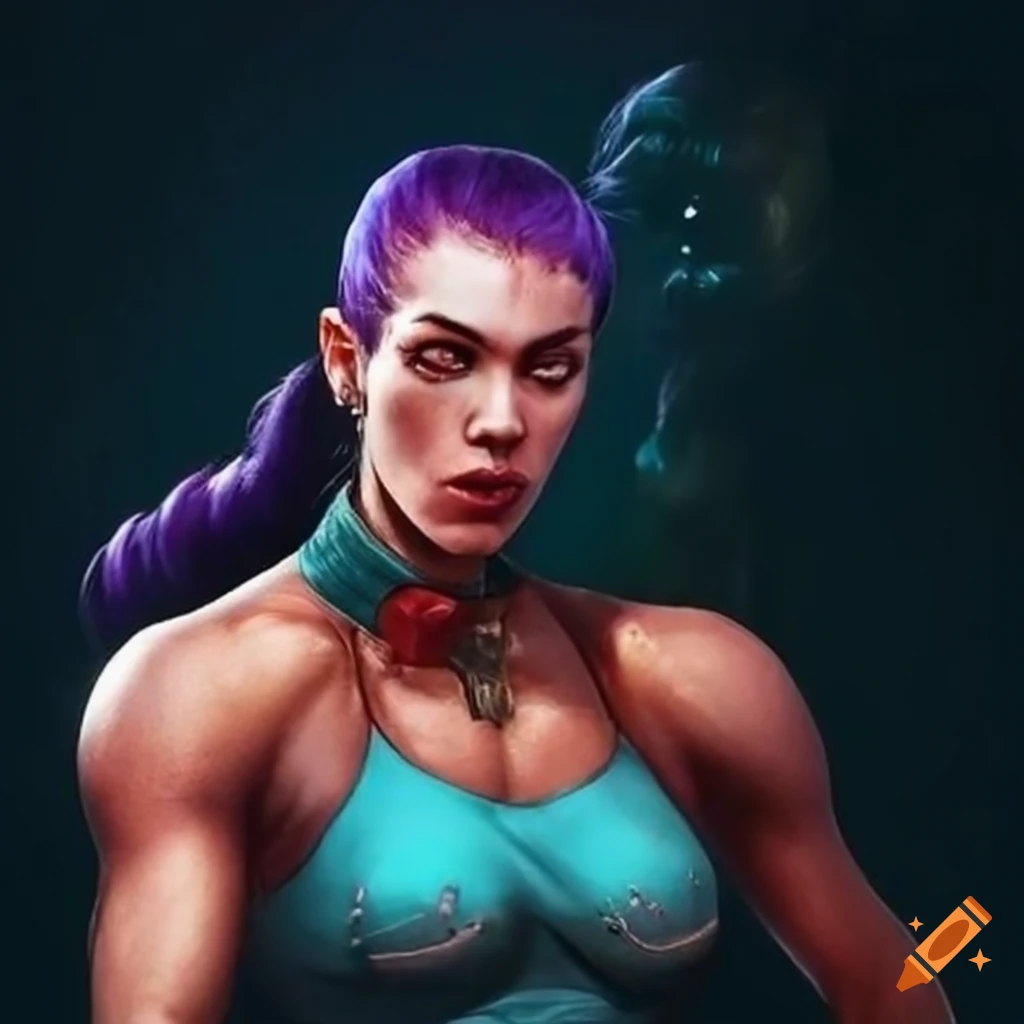 Female fighter with a bruised and dizzy expression in a 90s arena