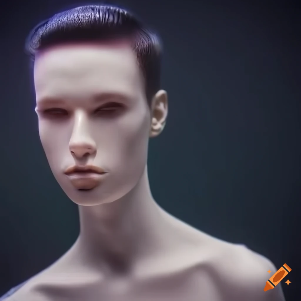 PhotoRealistic image of a glitched robotic mannequin in a transparent dress shirt