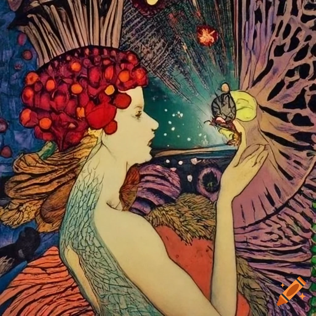 Science fiction pulp magazine cover inspired by the Flammarion Engraving with a nonbinary human looking out
