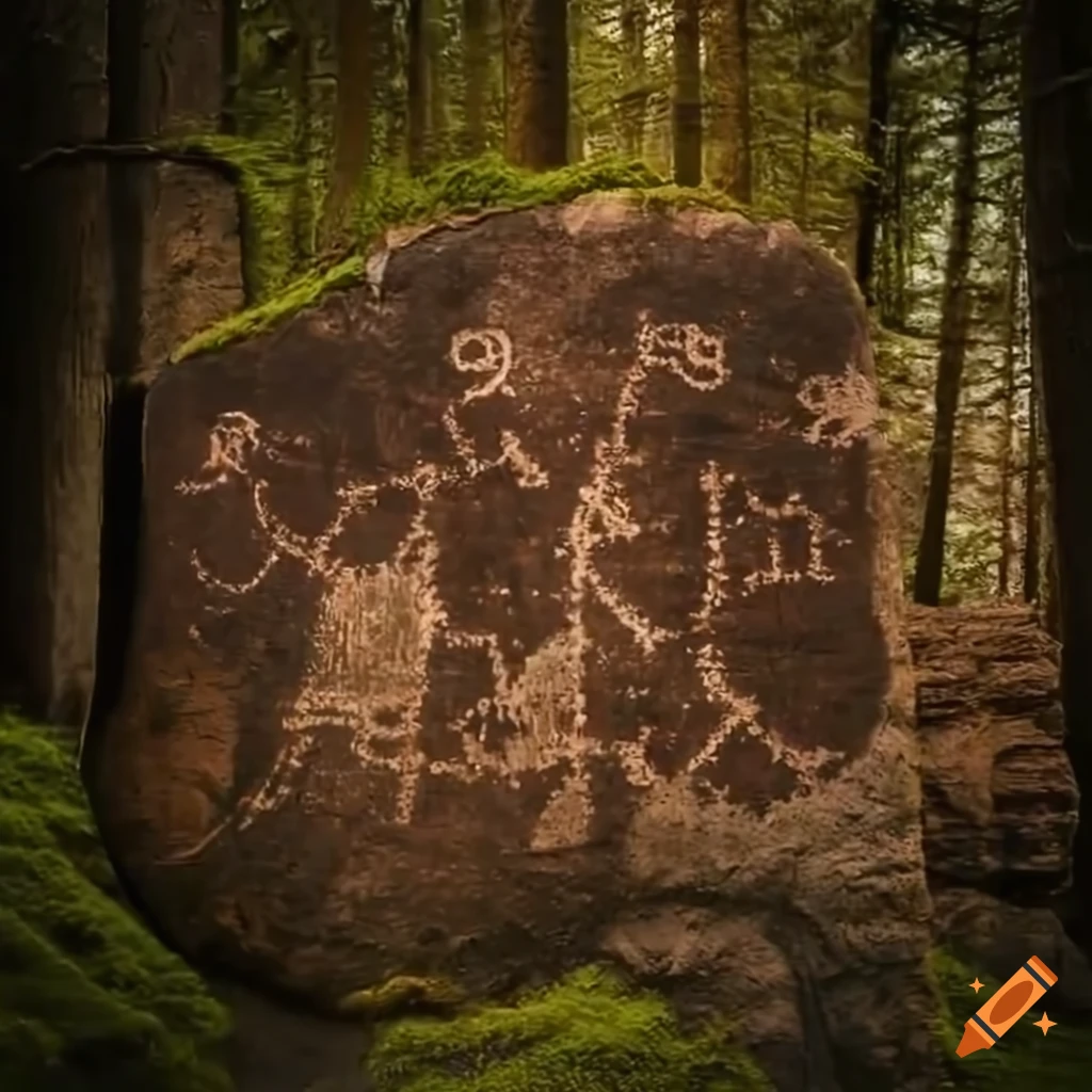 Ancient moss-covered petroglyphs in a spruce forest depicting Camunnian warriors and an ancient inscription