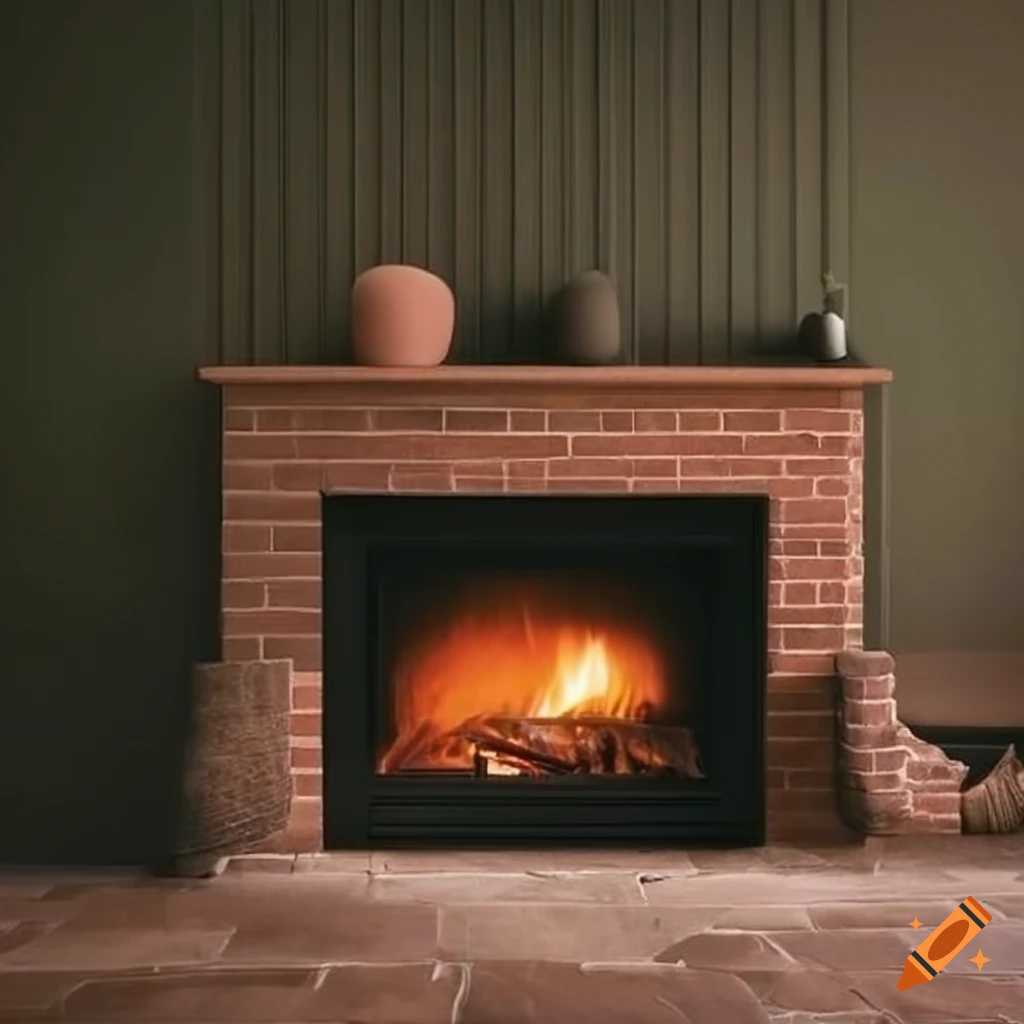 Beautiful brown brick fireplace in a living room with brown and sage green decor