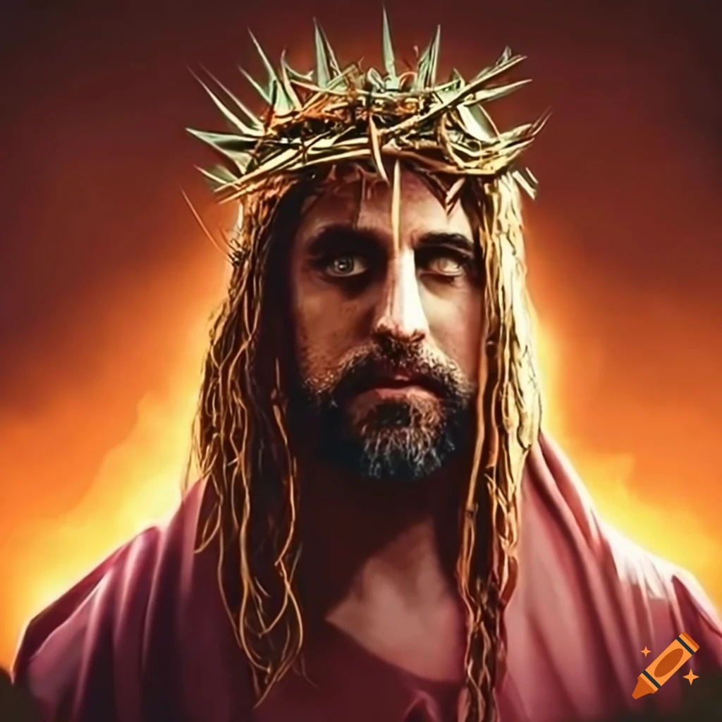 Depiction of aaron rodgers as jesus christ in front of a football