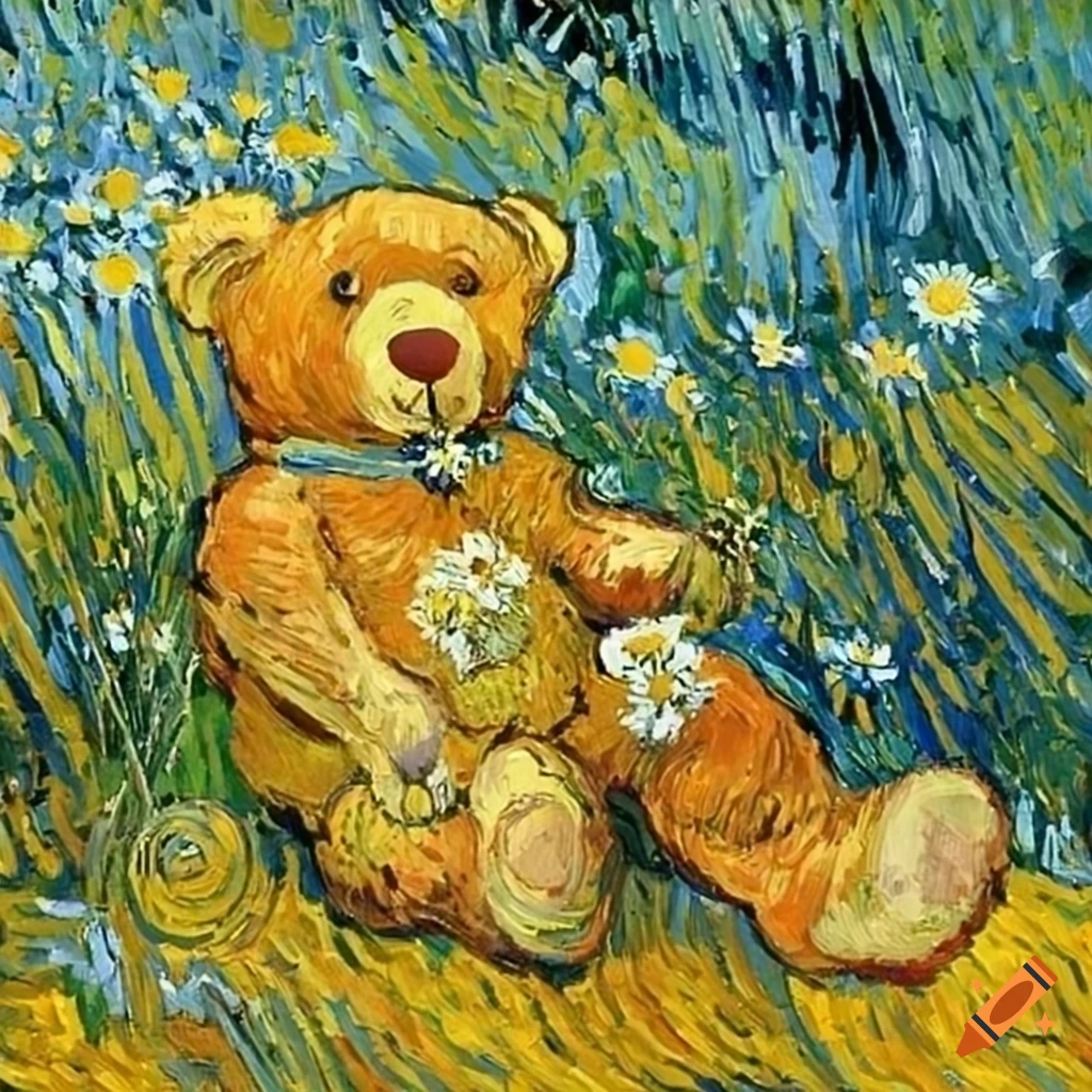 Teddy bear in sunny meadow sniffing flowers, inspired by Vincent van Gogh
