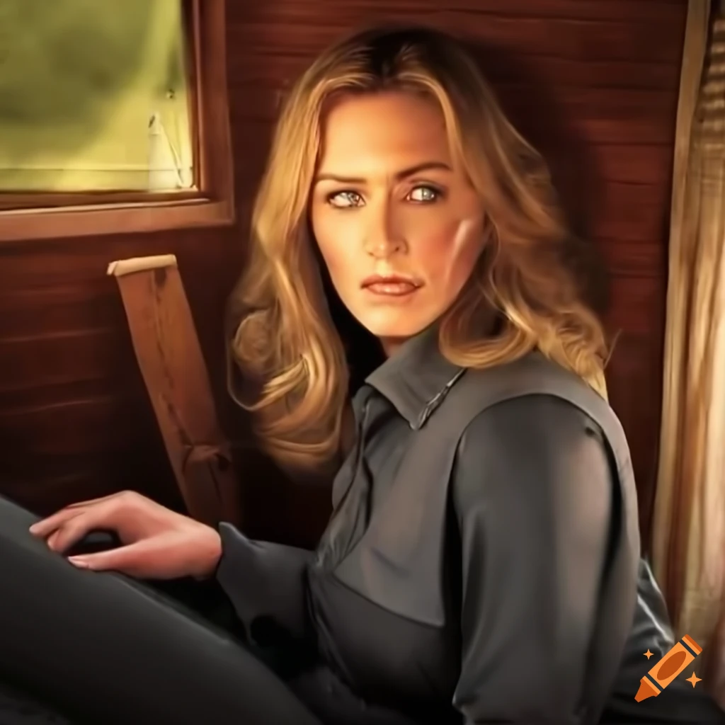 Blonde woman in plaid shirt and high-waist black trousers sitting in a caravan trailer