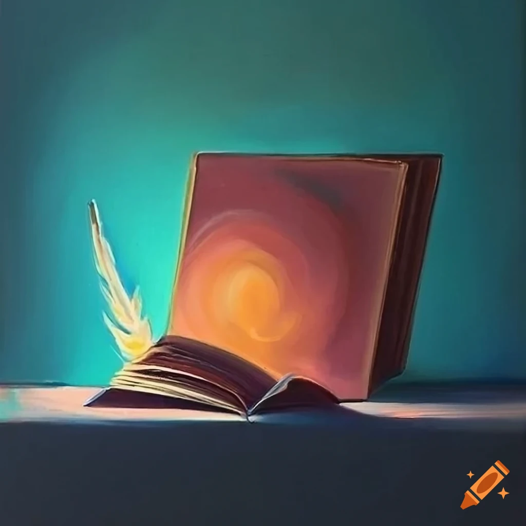 Elegant quill writing on open book in a minimalist setting on Craiyon