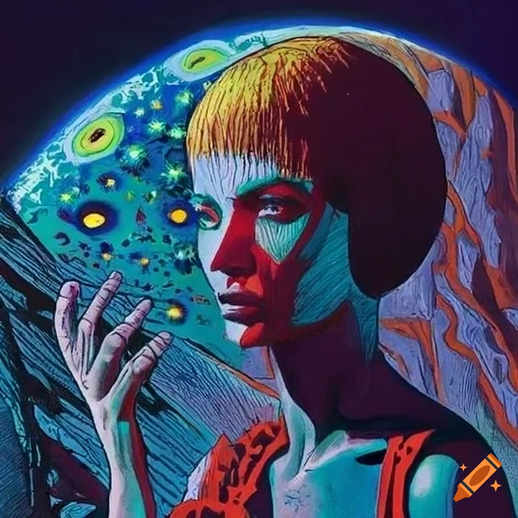 Science fiction pulp magazine cover inspired by the Flammarion Engraving with a nonbinary human