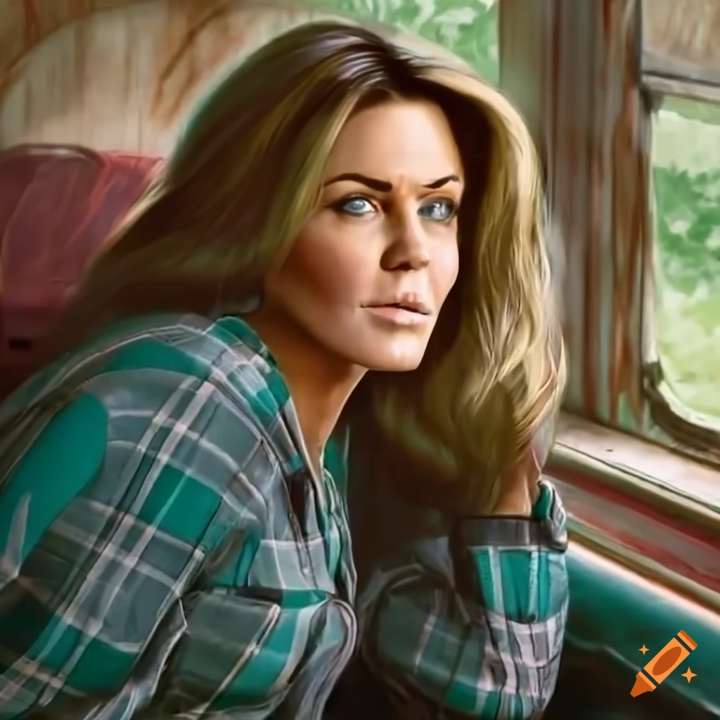 Blonde woman in plaid shirt and high-waist black trousers sitting in a caravan trailer