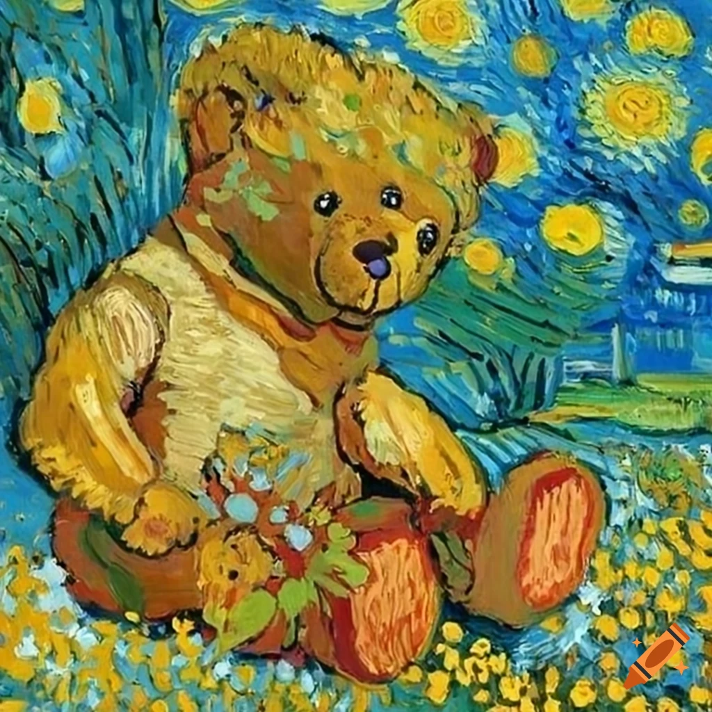 Teddy bear in sunny meadow sniffing flowers, inspired by Vincent van Gogh