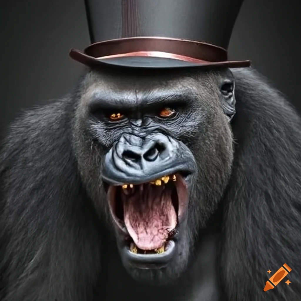 Angry gorilla wearing a top hat on Craiyon