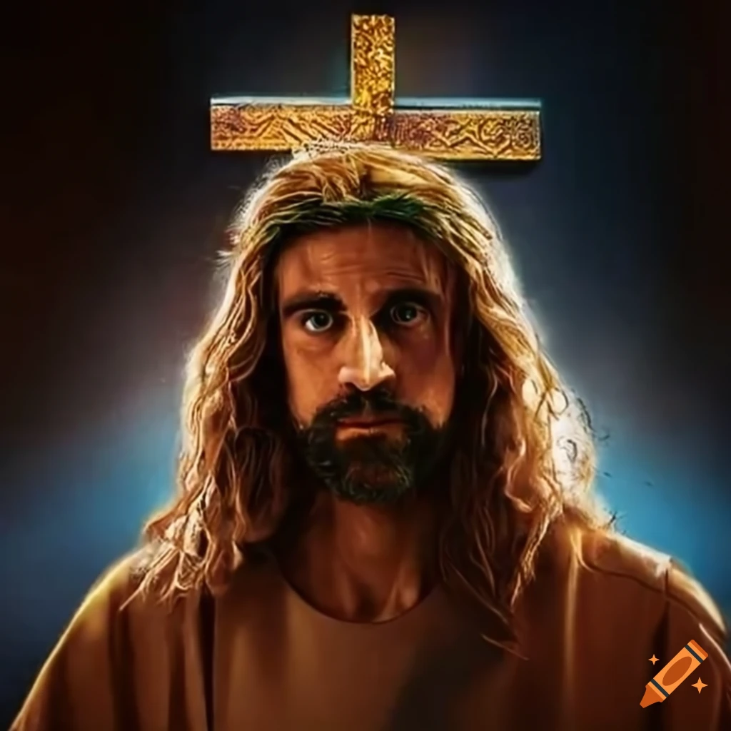 Depiction of aaron rodgers as jesus christ in front of a football