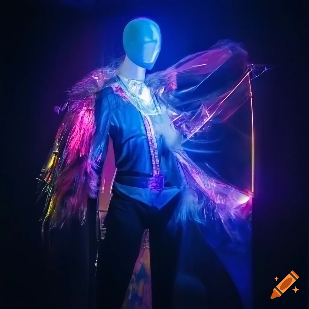 Mannequin wearing a transparent jacket with iridescent feathers, cyberpunk style