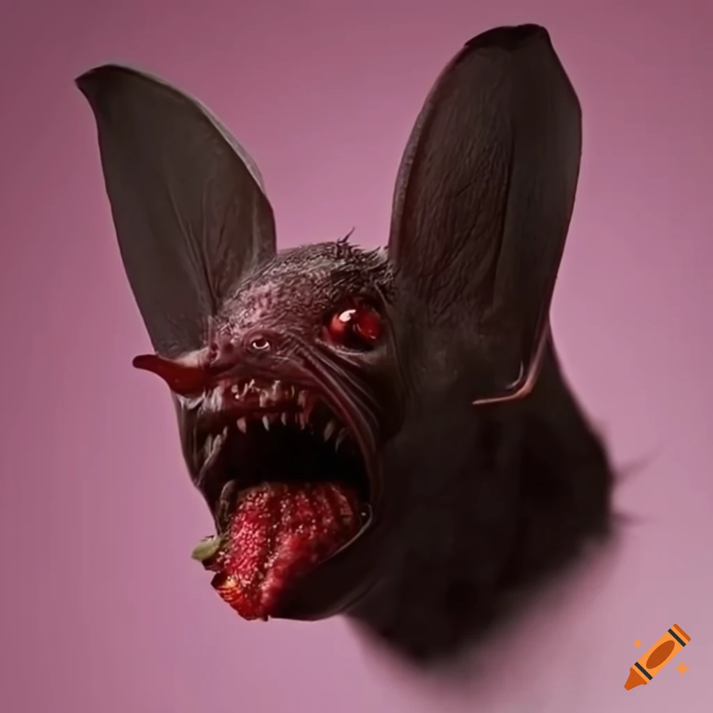 Realistic grey scale bat eating a strawberry