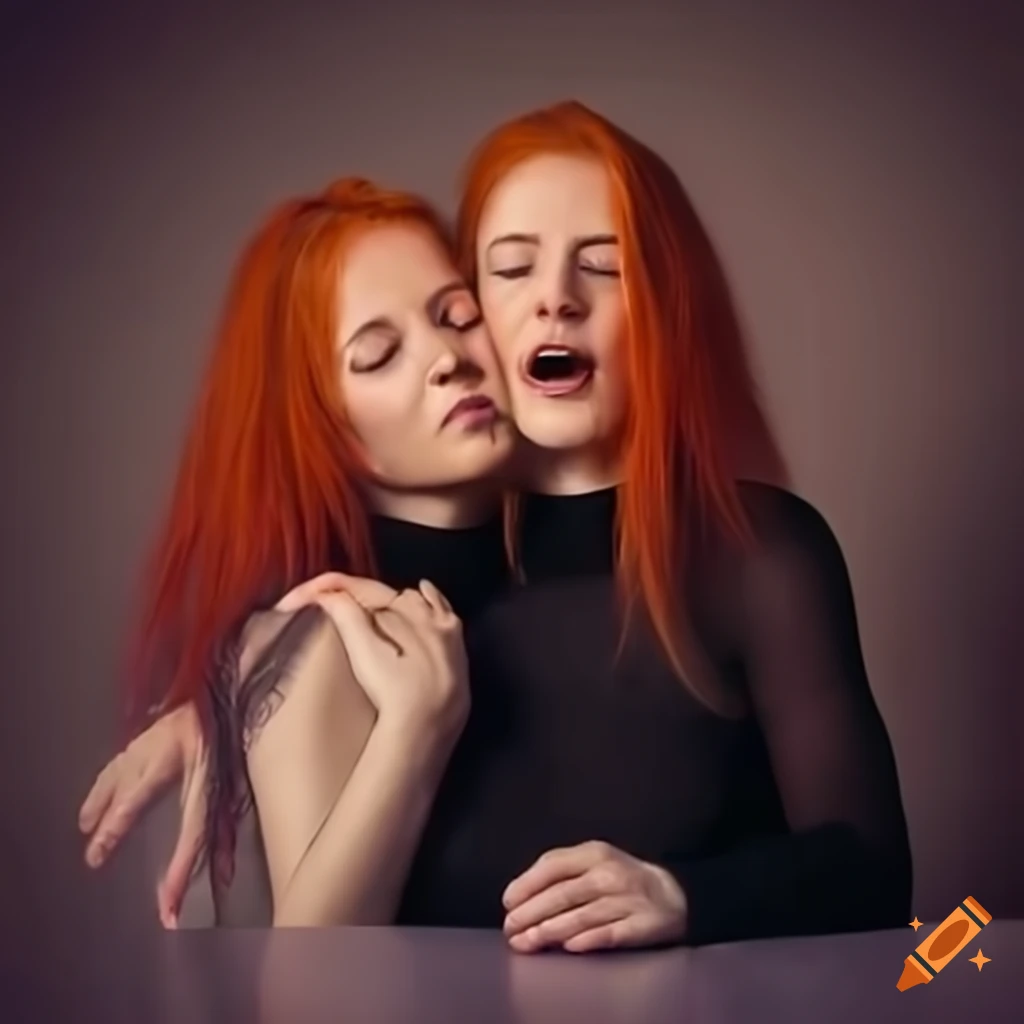 Two red-haired women hugging in conjoined attire with a two-headed ...