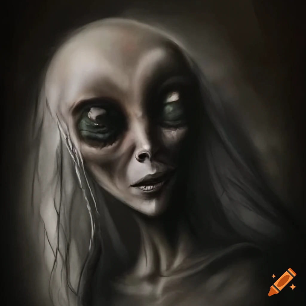 Ethereal skinny alien with horns exploring a mysterious realm in a charcoal drawing