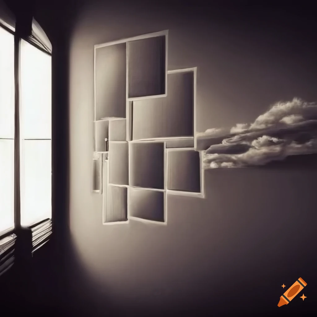 Retro surrealistic graphic art with rooms, windows, and sky in black and white