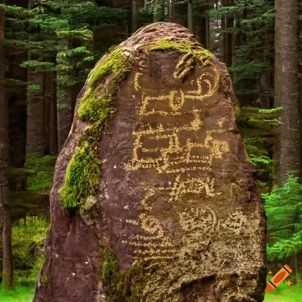 Ancient moss-covered petroglyphs in a spruce forest depicting Camunnian warriors and inscriptions in ancient language