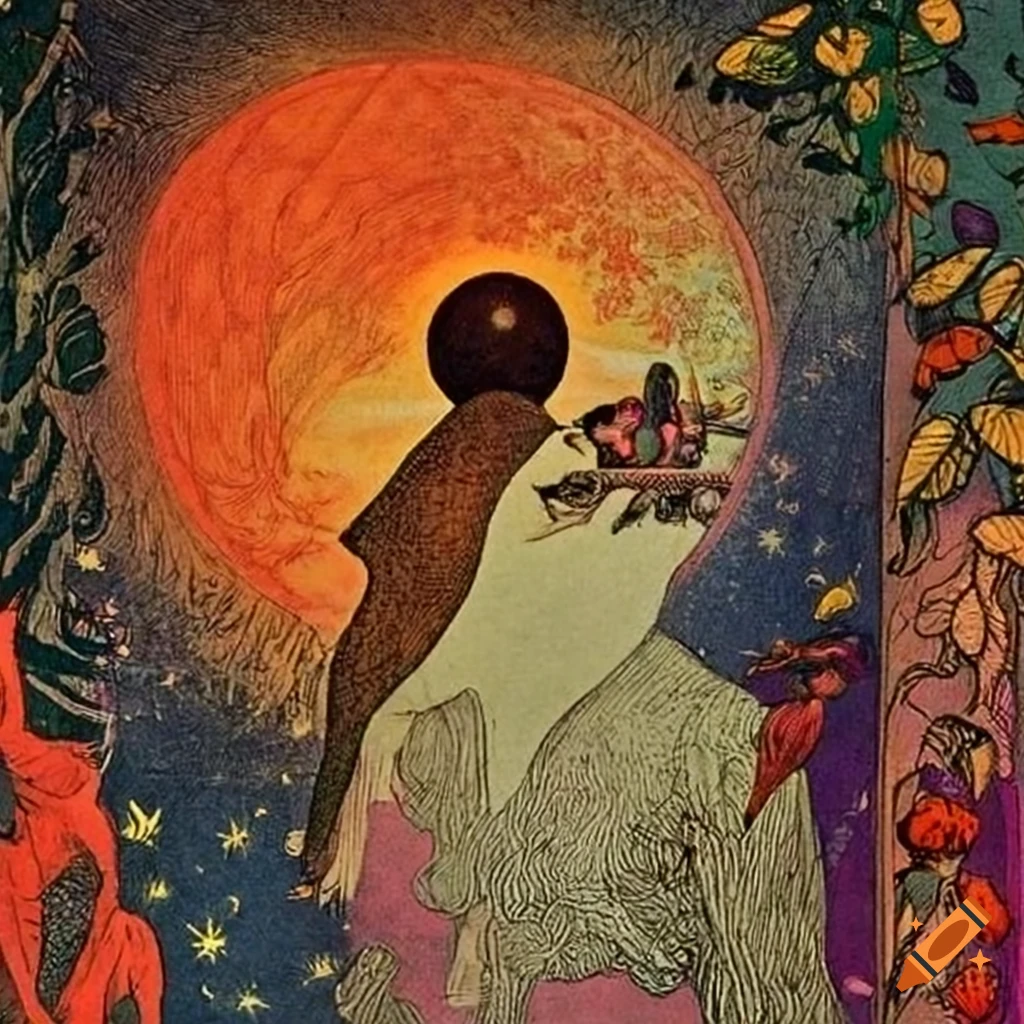 Science fiction pulp magazine cover inspired by the Flammarion Engraving with a nonbinary human looking out