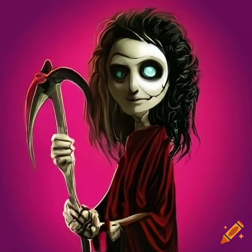Man with a scythe and whip in Tim Burton style with a red toga