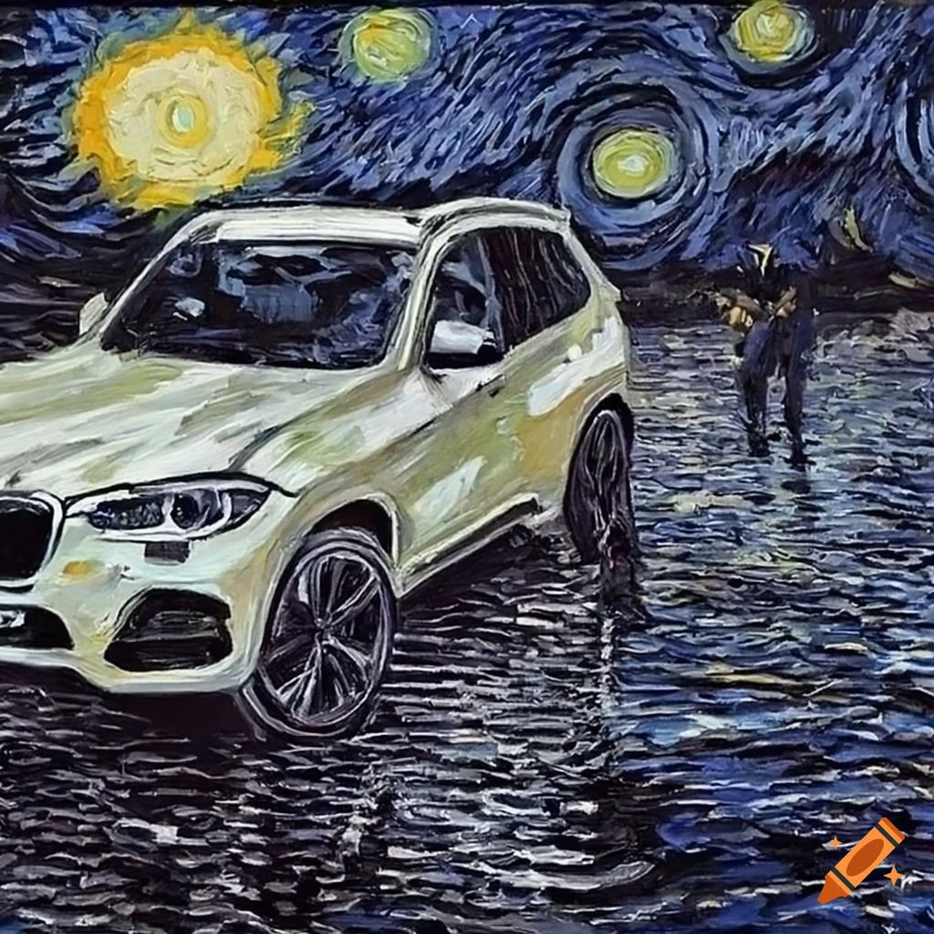 Vincent van gogh style painting of white and black bmw x3 cars on Craiyon
