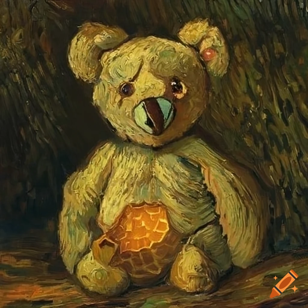 Cute teddy bear enjoying a honeycomb in a forest by Vincent van Gogh