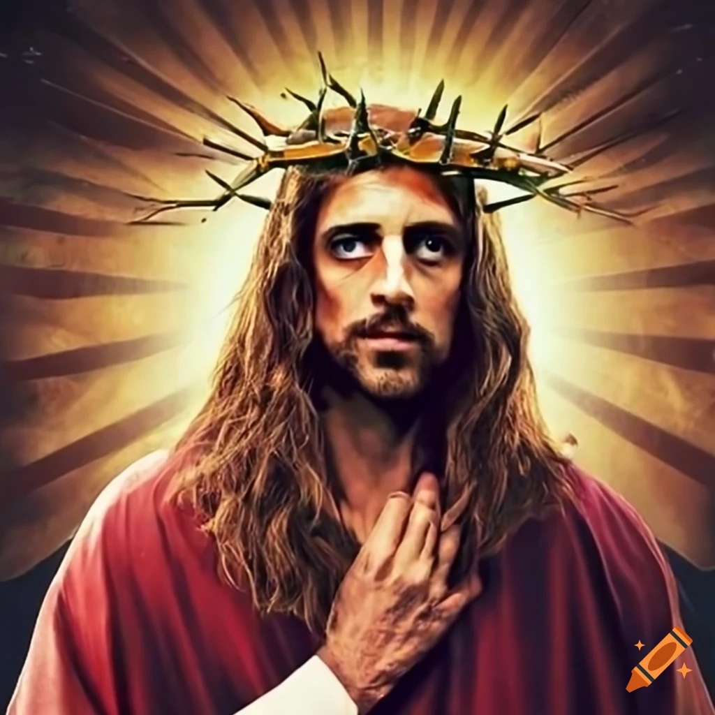 Depiction of aaron rodgers as jesus christ in front of a football