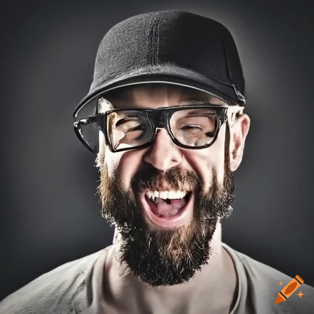 Man with black baseball hat, clear glasses, and a beard laughing on Craiyon