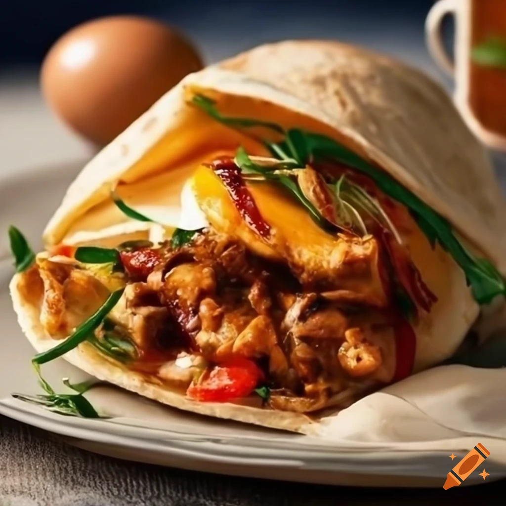 Tortilla roll filled with scrambled eggs, grilled chicken, blue cheese