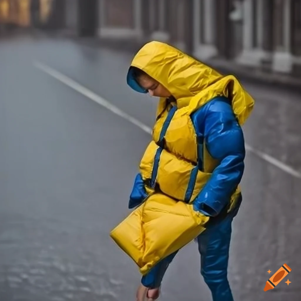 Blue and yellow lifejacket over padded waterproof coat in heavy rain