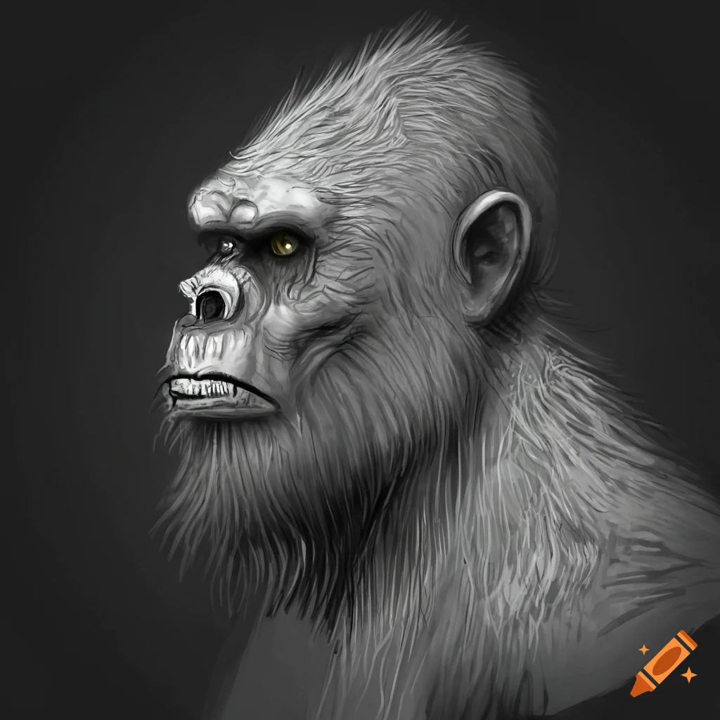Detailed black and white closeup sketch of bigfoot with a conehead on