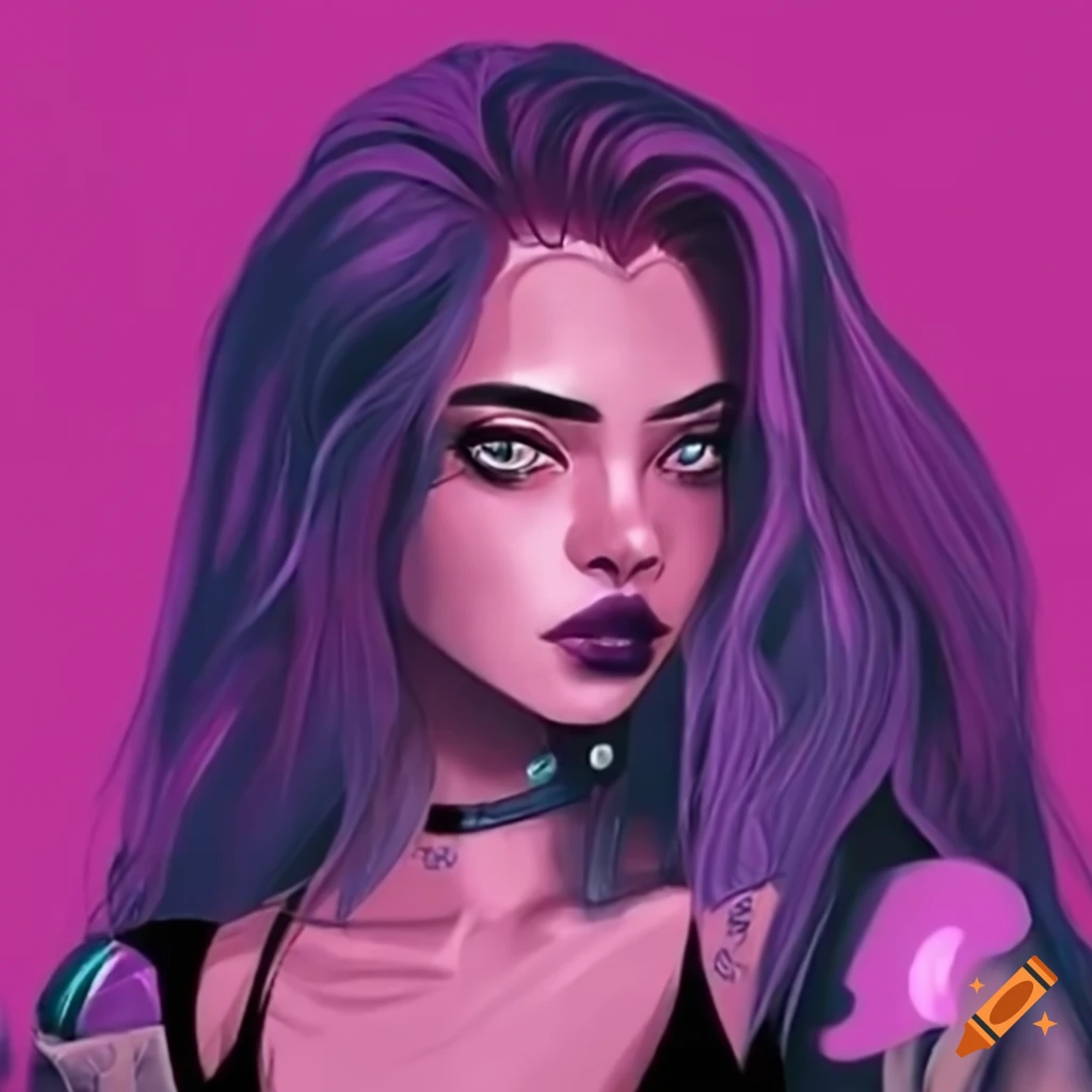 Cyberpunk woman with hightech clothing and purple hair on Craiyon