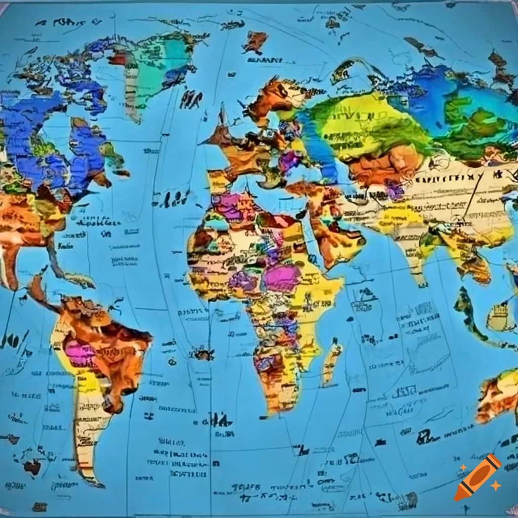 Colorful world map with landmarks, animals, and habitats on Craiyon