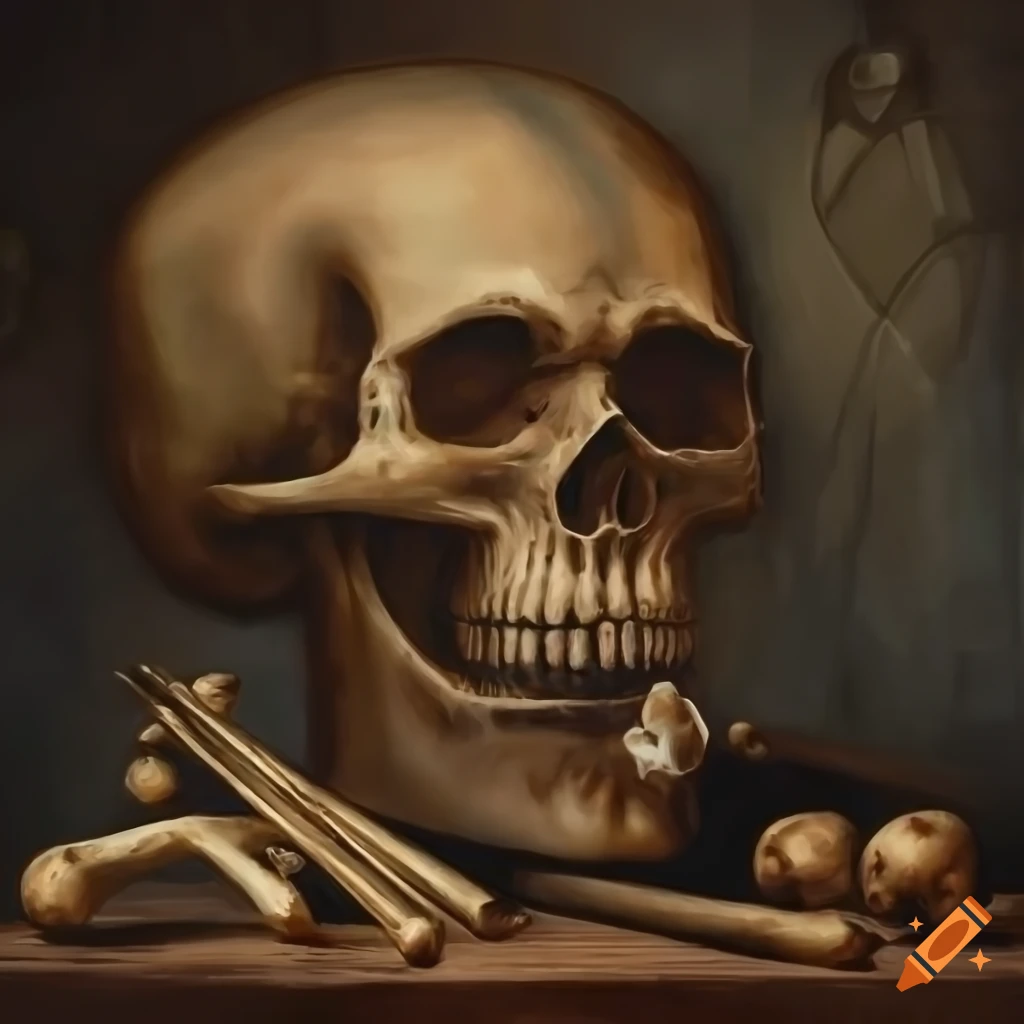 Moody painting of an intricate reliquary with a skull and crossed bones in a cathedral hall