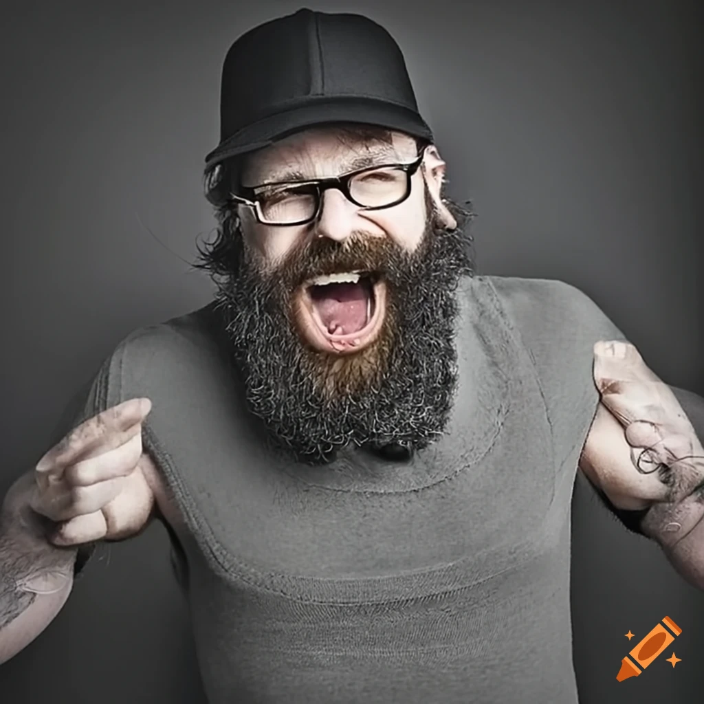 Man with black baseball hat, clear glasses, and a beard laughing on Craiyon