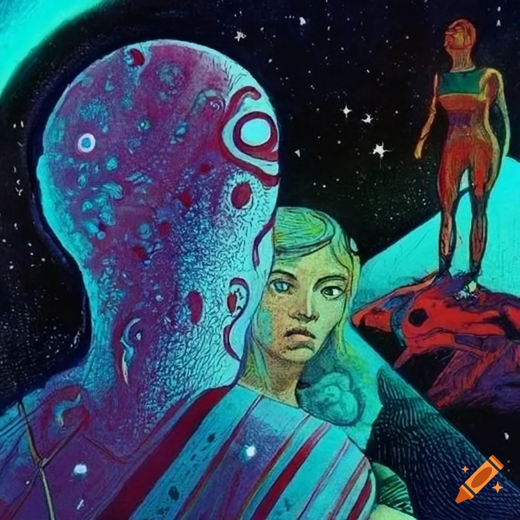Science fiction pulp magazine cover inspired by the Flammarion Engraving with a nonbinary human