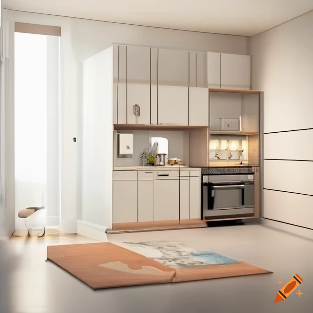Hyper-realistic top view apartment with modern living room and open kitchenette