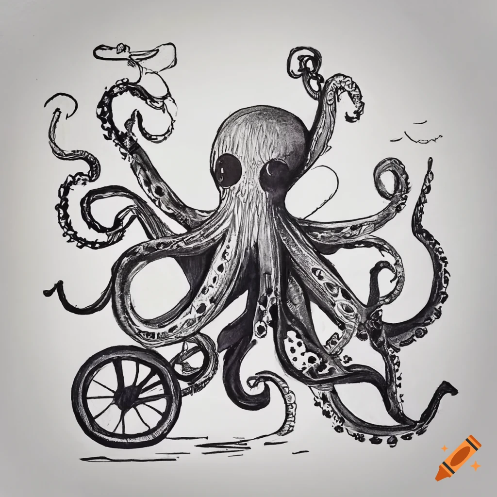 Octopus riding tricycle and playing guitar in doodle art style