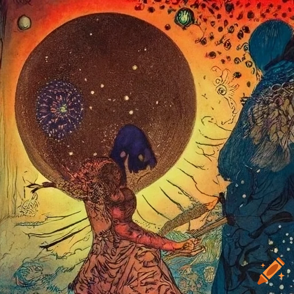 Science fiction pulp magazine cover inspired by the Flammarion Engraving with a nonbinary human looking out