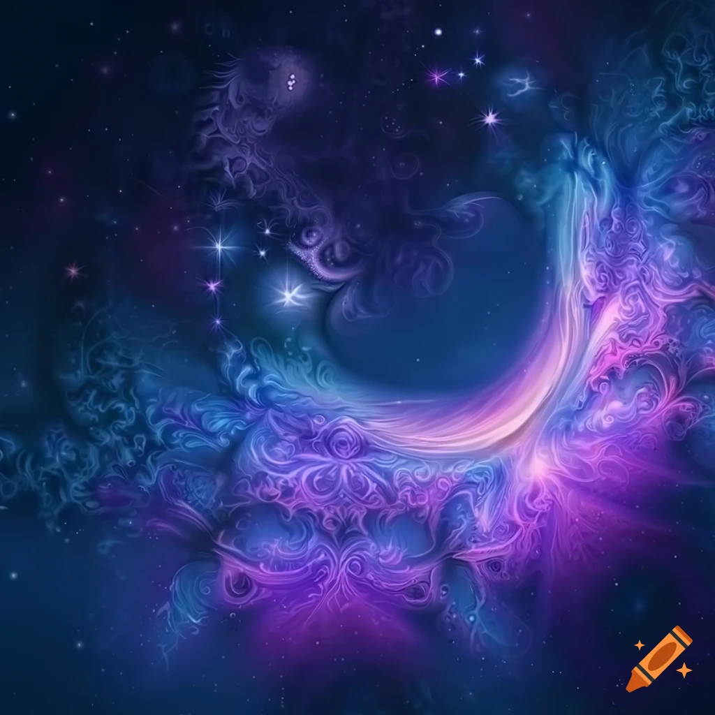 Majestic enchanted night with moon, stars, and clouds in blue and purple fractal art