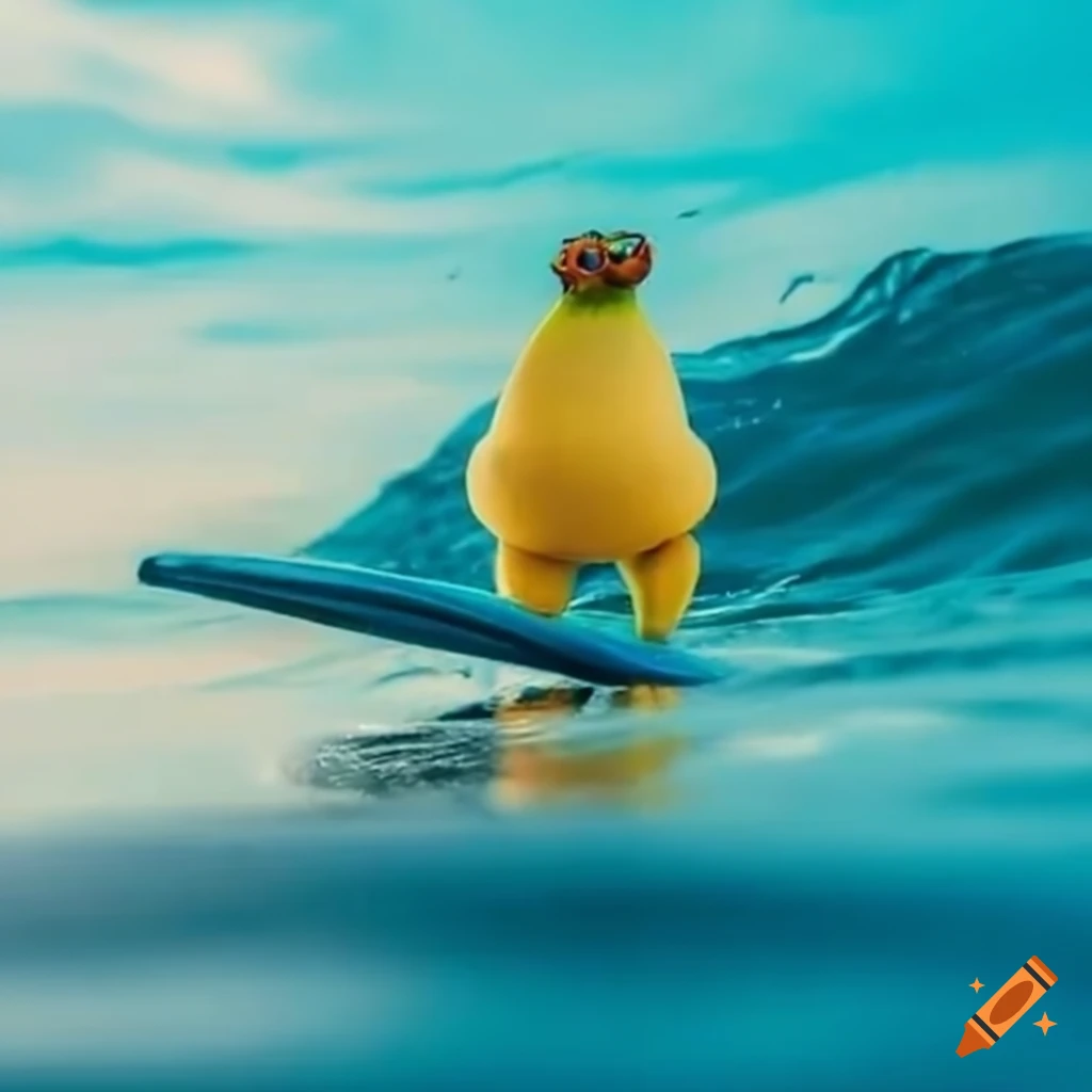 Cartoon banana with bug eyes surfing in the ocean on Craiyon