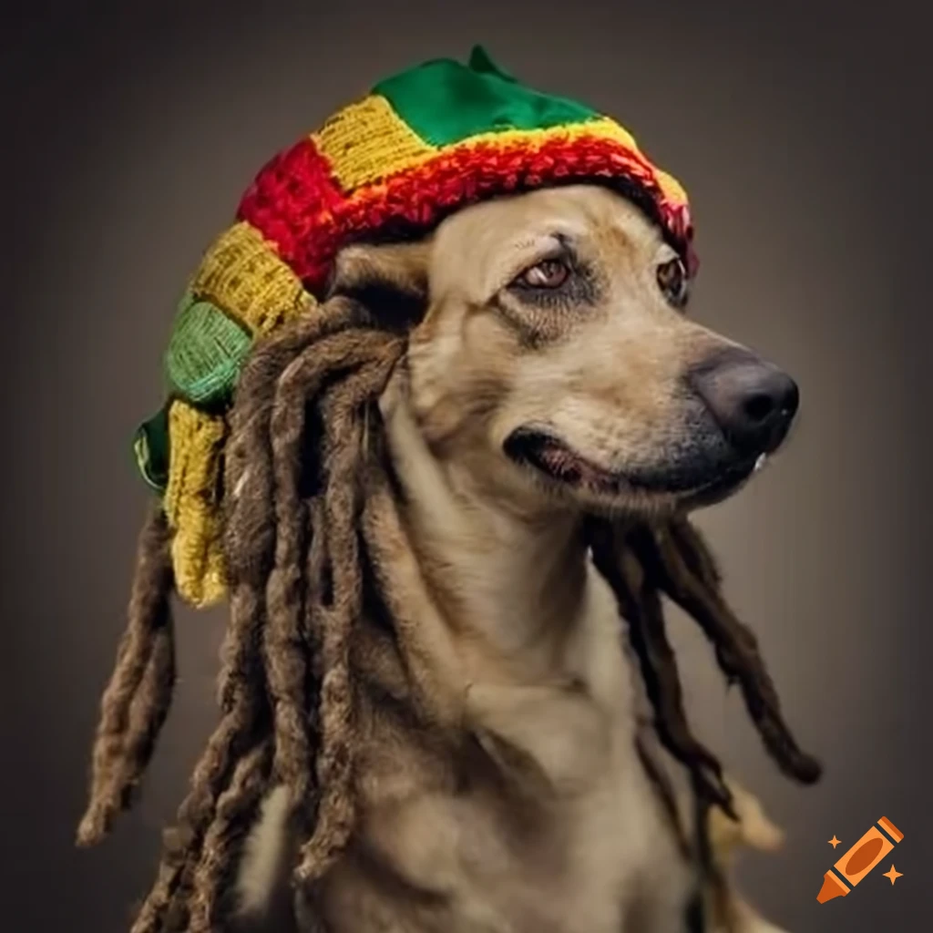Rasta dog with dreadlocks wearing a jamaican hat on Craiyon