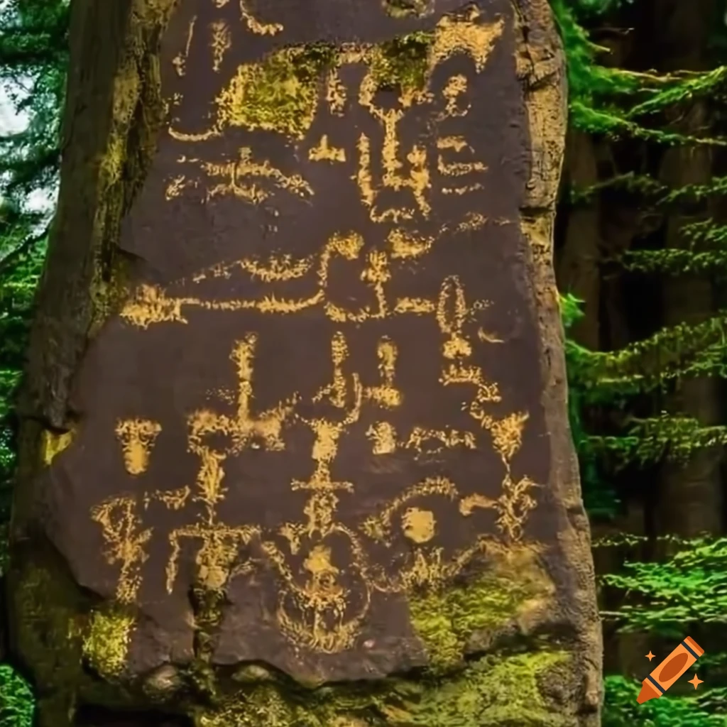 Ancient moss-covered petroglyphs in a spruce forest depicting Camunnian warriors and inscriptions in ancient language