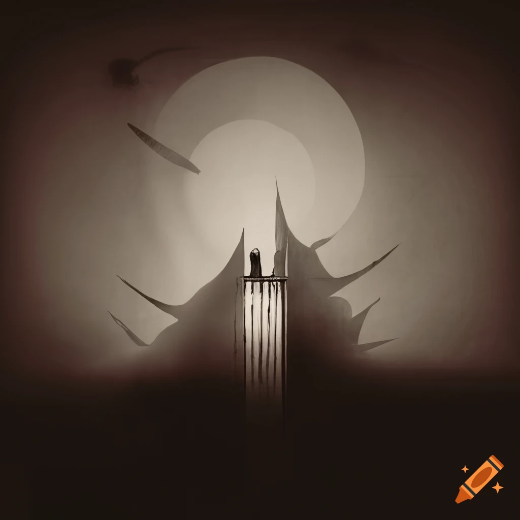 Retro 1950s surrealist graphic art with rooms, windows, and strange forms in sepia tones
