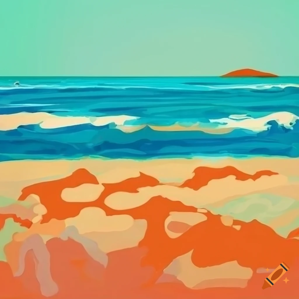 Summer beach scene with fauvism style sea waves and mountains in the background