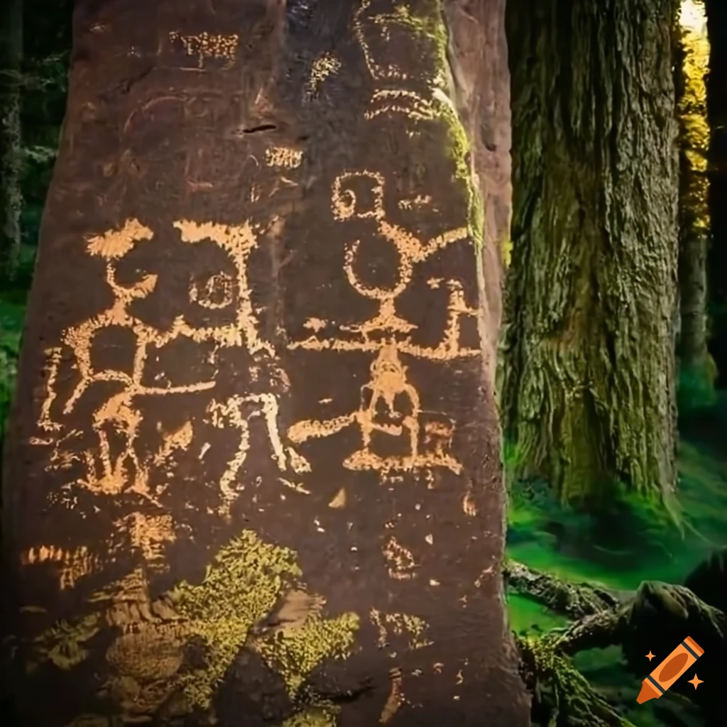 Ancient moss-covered petroglyphs in a spruce forest depicting Camunnian warriors and inscriptions in ancient language