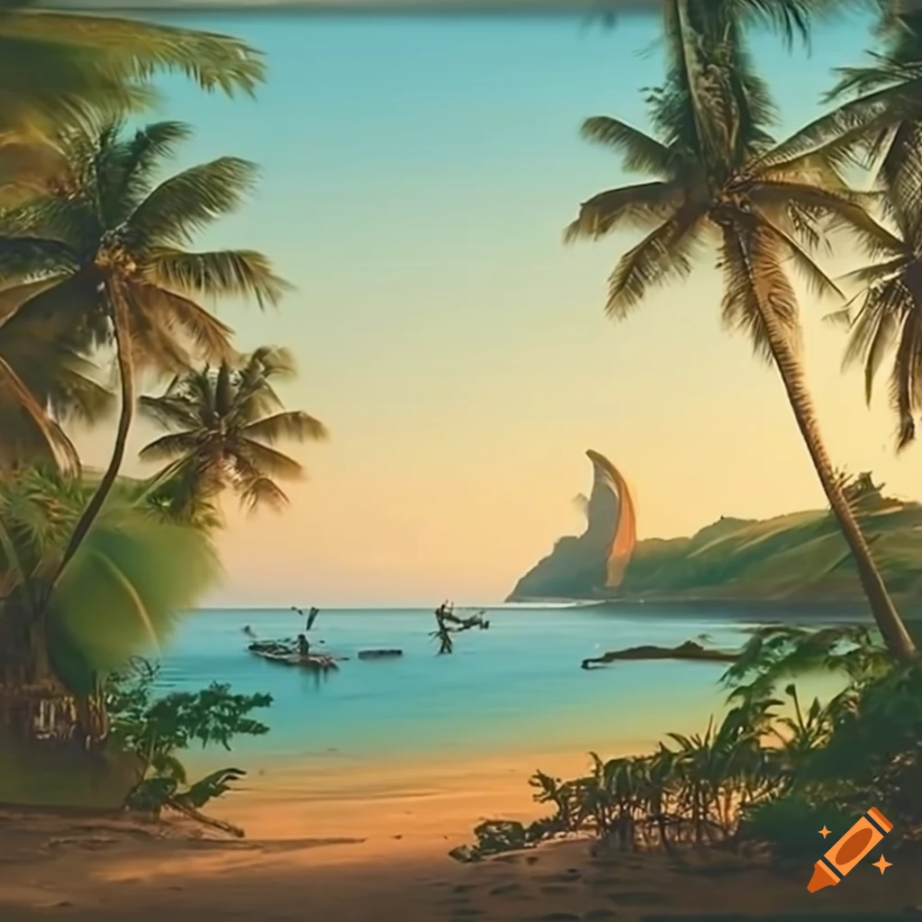 Scenic beach with cliffs, ship, and coconut trees on Craiyon