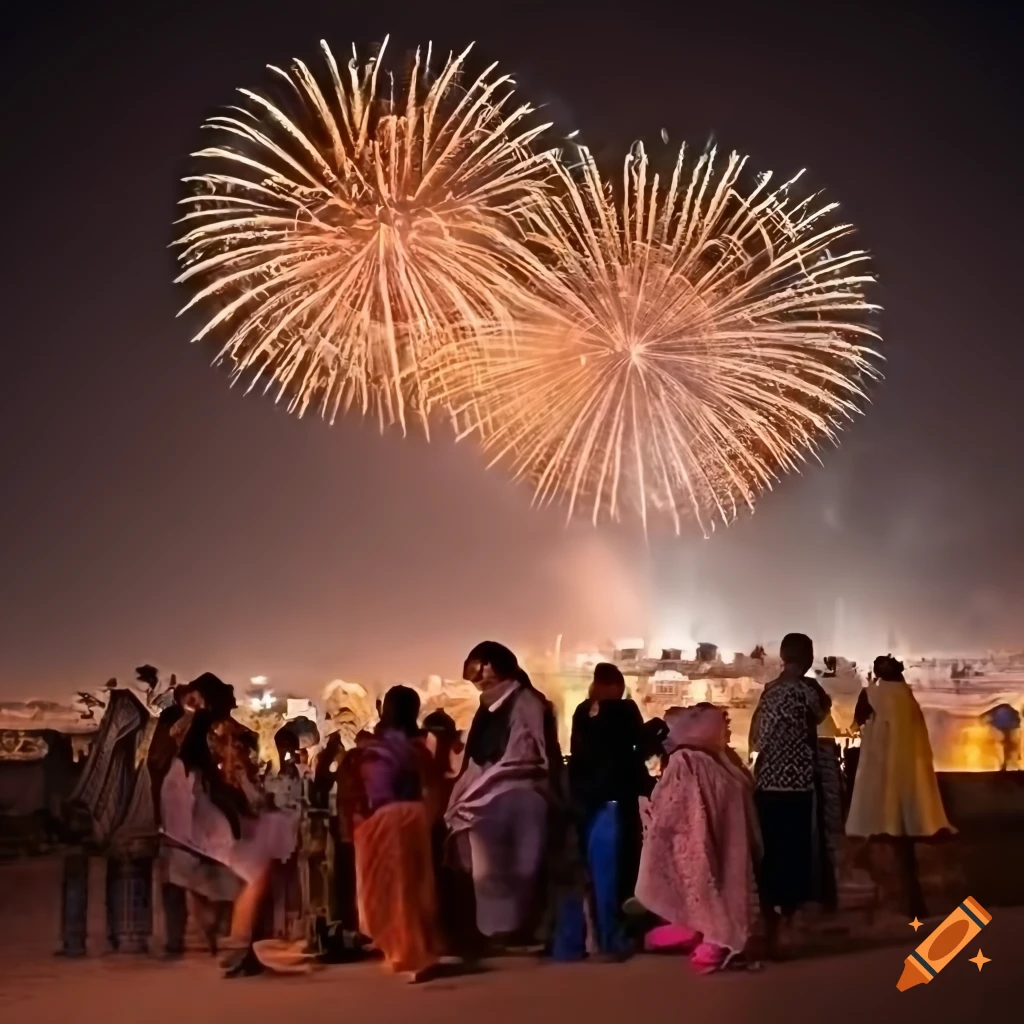 Night view of luxor city, egypt with people celebrating new years, temple, and fireworks on Craiyon
